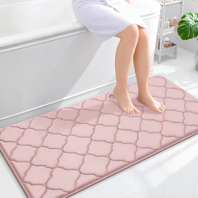 OLANLY Memory Foam Bath Mat Rug 47x24, Ultra Soft Bathroom Rugs, Pink | Thick Absorbent Carpet, Non-Slip Backing, Machine Washable, for Bathroom Floor, Tub, Shower and Home Decor Accessories