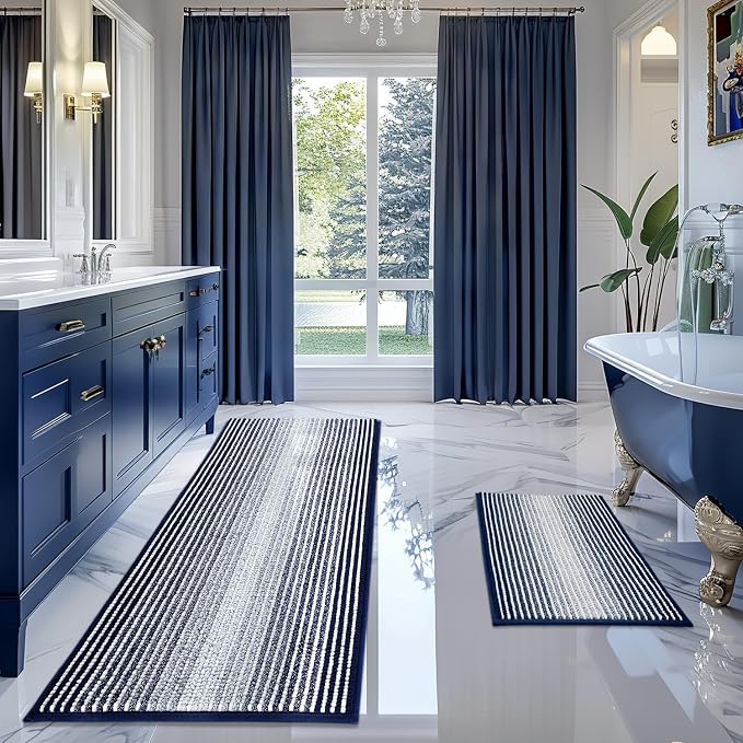 BSICPRO Bathroom Rugs Sets 2 Piece, Non Slip Striped Bath Mats, Navy | 20"x60" Plus 20"x32", Soft Absorbent Chenille, Quick Dry Machine Washable, Shower Rug for Bathroom Floor, Tub, Bedroom Decor