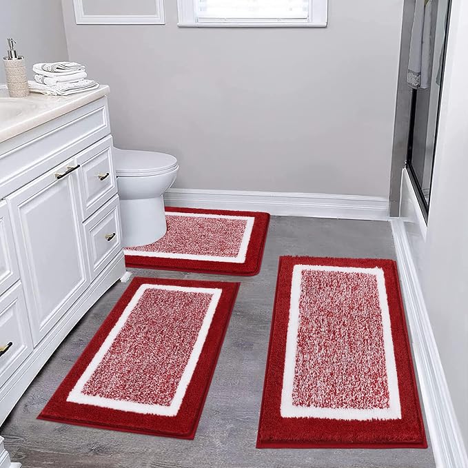 Pauwer 3 Piece Bathroom Rug Set, Non Slip Washable Bath Mat, Red | Soft Plush Microfiber, Super Absorbent Floor Carpet, U Shaped Toilet Mats, Quick Dry, Shaggy Shower Rugs Runners