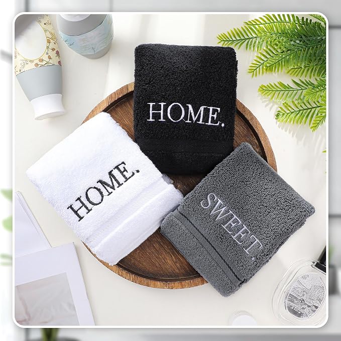 3 Pcs Hand Towels Bathroom Set,Black,Home Sweet Home | Embroidered Cotton Farmhouse Towels, Kitchen Decor, Rustic Boho Decorative with Text Labels, Guest Bath Home