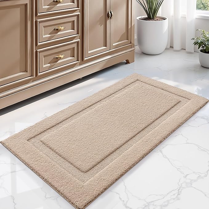 LUMI Large Bathroom Rugs Soft Absorbent, Non Slip Bath Mat 24x43, Beige | Machine Washable with Rubber Backing, Quick Dry, Premium Microfiber Plush Carpet for Bathtub and Shower Floor