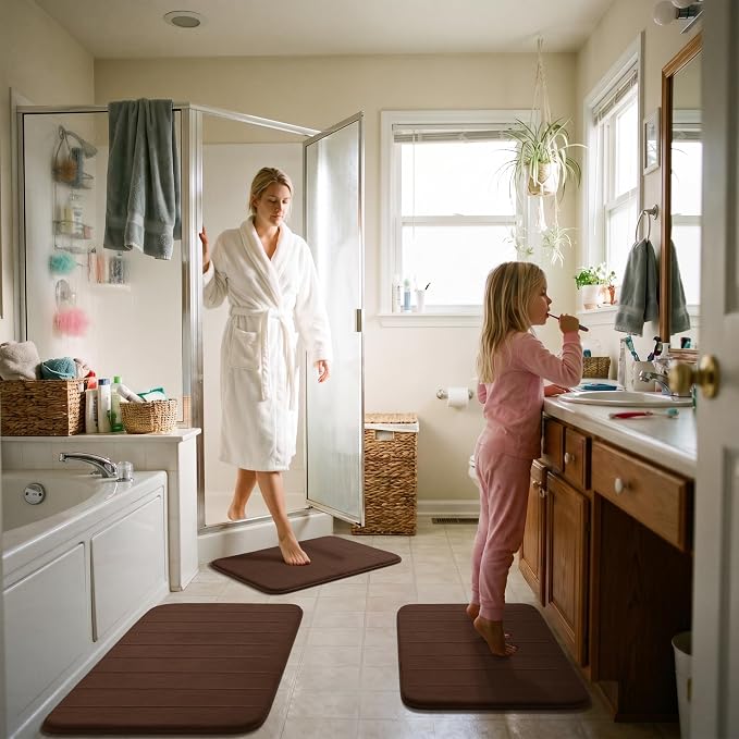 Yimobra Memory Foam Bath Mat Set 3 Pieces- Super Soft Absorbent Quick Dry Bathroom Rug Sets, Machine Washable Non Slip Floor Carpet for Tub Shower, Vanity & Toilet Base, Brown