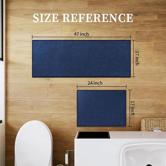 YIHOUSE Bathroom Rugs Sets 2 Piece Non Slip Washable, Absorbent Quick Dry Bath Mat Set, Weave Texture Low Profile Bath Rugs, Floor Mats for Bathroom, Tub & Shower (17"x24" + 17"x47", Dark Blue)