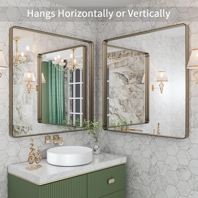 LOAAO 36"X36" Bronze Bathroom Mirror | Rounded Rectangle, Brushed Bronze Metal Frame, Anti-Rust, Tempered Glass, Hangs Horizontally or Vertically