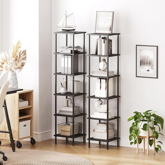 HOOBRO 6-Tier Corner Shelf, Corner Square Rack Display Shelf, Tall Storage Rack Plant Stand, Bookcase for Small Spaces, Living Room, Home Office, Kitchen, Black BK55CJ01