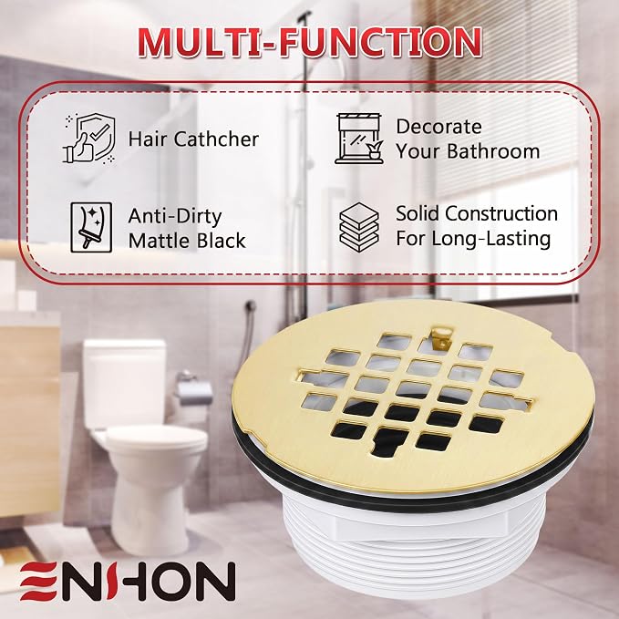 Enhon 4.25" OD Shower Drain Assembly, Snap in Shower Base Drain and Round Grid Strainer Cover, Fits 2 in. Schedule 40 ABS and PVC Pipes, Stainless Steel Cap, ABS Base(Golden,1 Pack)