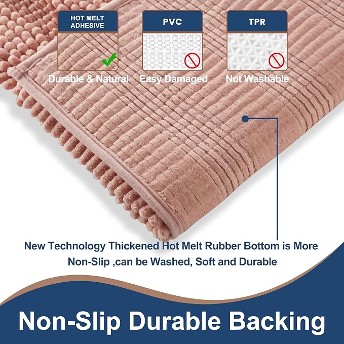 Non Slip Thick Shaggy Chenille Bathroom Rug Sets 2 Piece, Thickened Hot Melt Rubber Bottom Bath Mats for Bathroom, Bath Rugs Quick Dry Machine Washable for Shower (Coral Pink, 47"x17" Plus 17"x24")