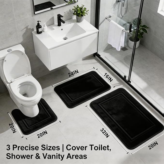 Bathroom Rugs Set 3 Piece Memory Foam, Bordered Toilet Rug, Non-Slip Black | Modern & Monochrome Decor — Black bath mats, absorbent and washable, with a U-shaped toilet mat.