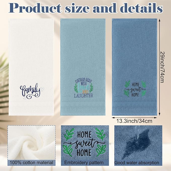 3 Pcs Hand Towels Bathroom Set,Blue,Home, Love, Family | Embroidered Cotton Farmhouse Towels, Kitchen Decor, Rustic Boho Decorative with Text Labels, Guest Bath Home