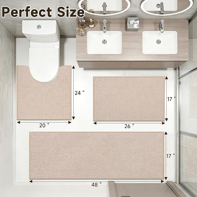 Pauwer Bathroom Rugs Sets 3 Piece, Ultra Thin Bath Mat Set, Beige | Non Slip Washable, Quick Dry, Super Absorbent, U-shaped Contour Toilet Rug, Low Pile, For Floor Sink Shower Room