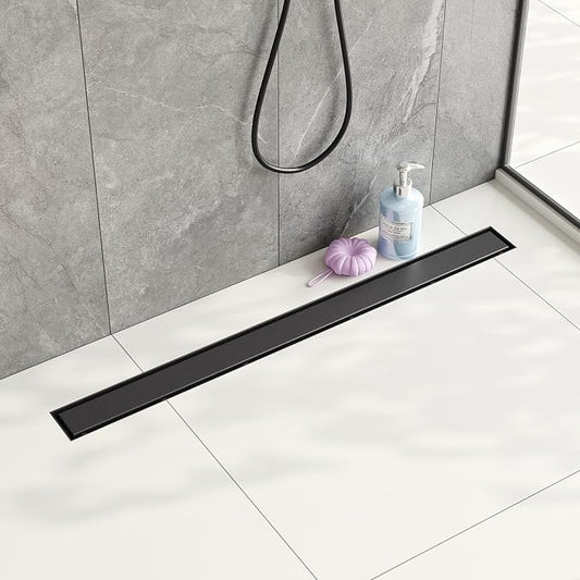 Neodrain 32-Inch Linear Shower Drain,with 2-in-1 Flat & Tile Insert Shiny Black Cover, Rectangle Shower Floor Drain, Floor Shower Drain with Adjustable Leveling Feet, Hair Strainer
