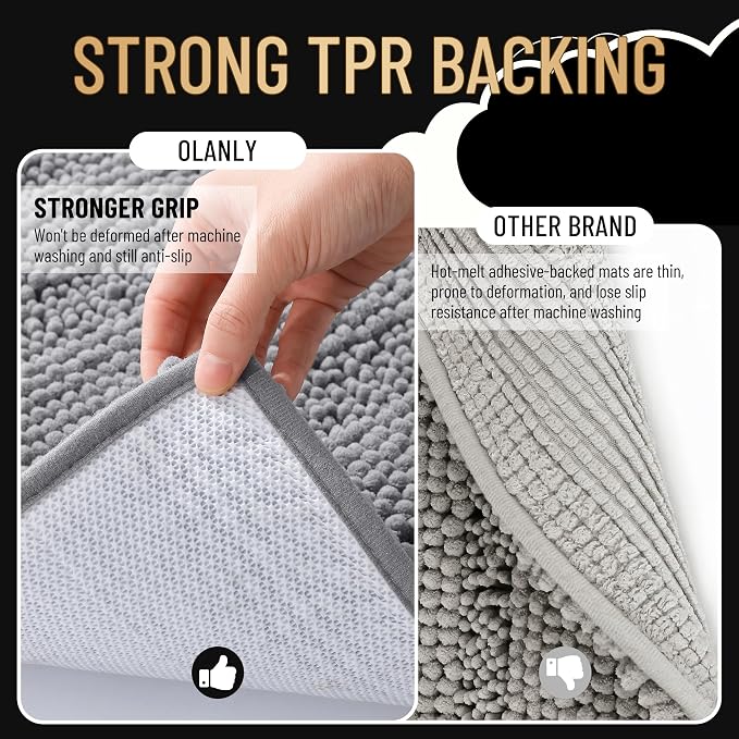 OLANLY Thick Chenille Bathroom Rugs Sets 3 Piece, 36"x24"+24"x16"+24"x20" | Grey, Absorbent Striped Bath Mats and U-Shaped Contour Toilet Rug, Home Decor Accessories, Bath Mat Set for Bathroom