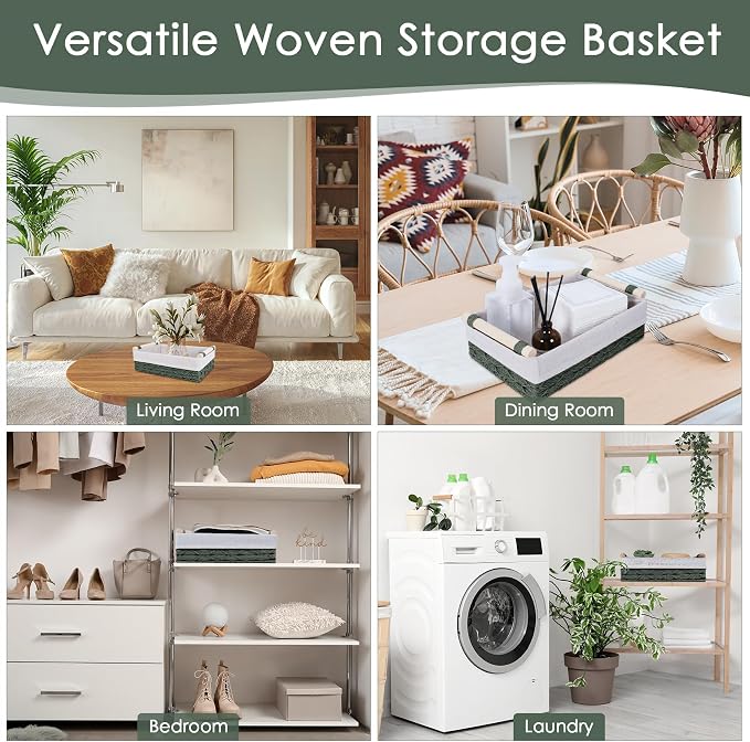 Wicker Storage Basket with Wooden Handle – Paper Rope Decorative Toilet Paper Baskets & Bathroom Organizer for Toilet Tank Top, Shelves, Bedroom, Countertop,Home,Office Storage Bins, 2 Pack,Dark Green