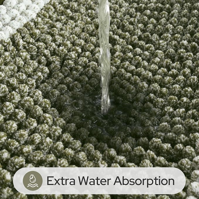 HOMEIDEAS Sage Green Bathroom Rugs Set, Striped Chenille, 20"x32"+17"x24" | Non Slip Absorbent Bath Mats, Fluffy Striped Chenille Soft Shaggy Bath Rugs for Bathroom Floor and Tub, Machine Washable