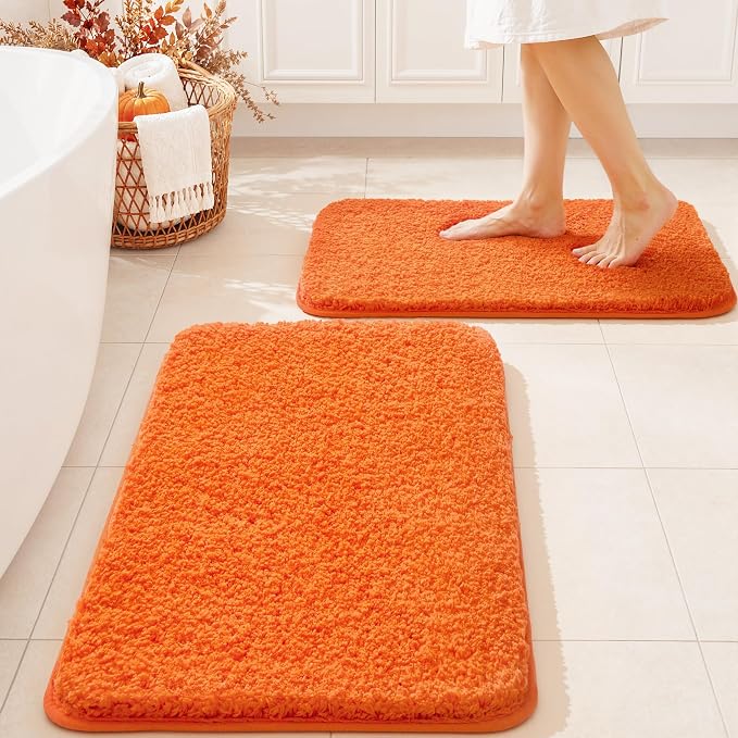 MIULEE Fall Orange Bathroom Rugs Set 2 Piece Soft Bath Mats 16x24+20x30 in | Soft Absorbent Microfiber Bath Rugs, Non Slip, Quick Dry, Fluffy Bath Rugs for Bathroom Floor Tub Showers, Machine Washable