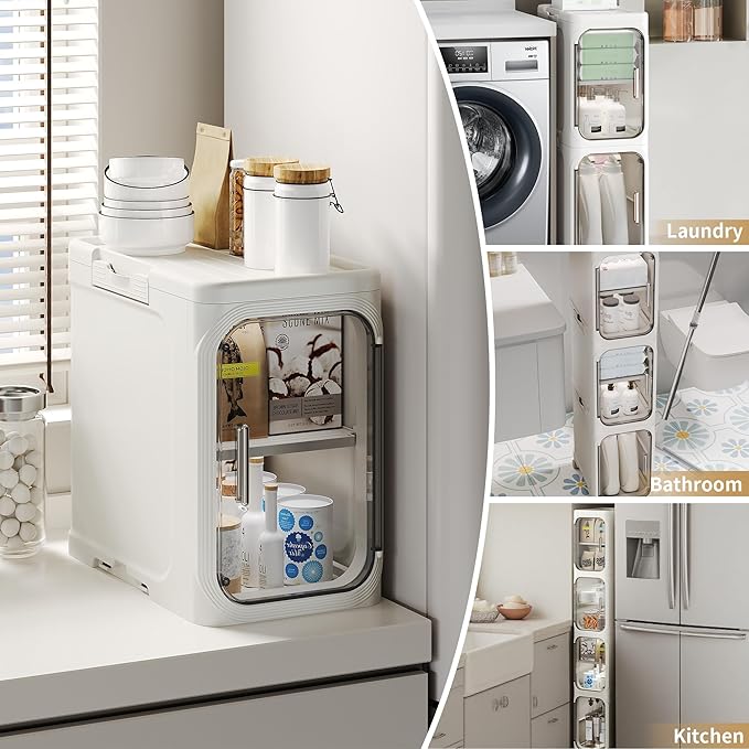 2-Tier Narrow Storage Cabinet, Slim Bathroom Storage Cabinet with Adjustable Shelves and Wheels, Narrow Organizer for Small Space, Bathroom, Kitchen, Laundry, White