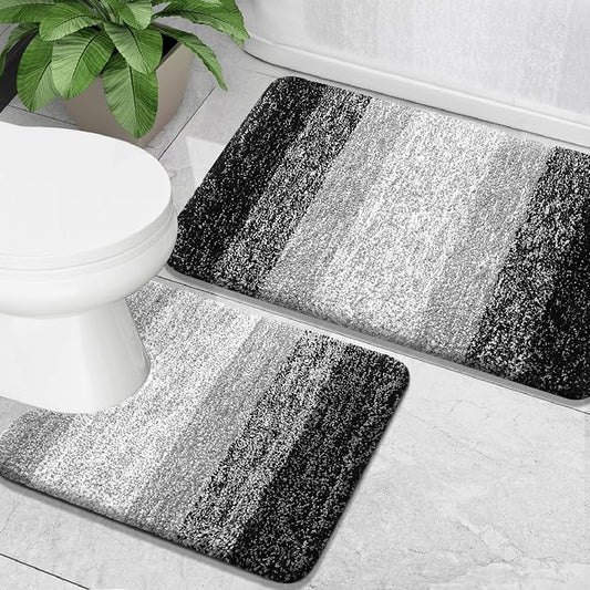 OLANLY Micorfiber Bathroom Rug Set 2 Piece, 30"x20"+U-Shaped 24"x20" | Black, Soft Absorbent Bath Mats and Contour Toilet Rug, Non-Slip, Machine Wash Dry, Plush Shaggy Bath Mats for Bathroom