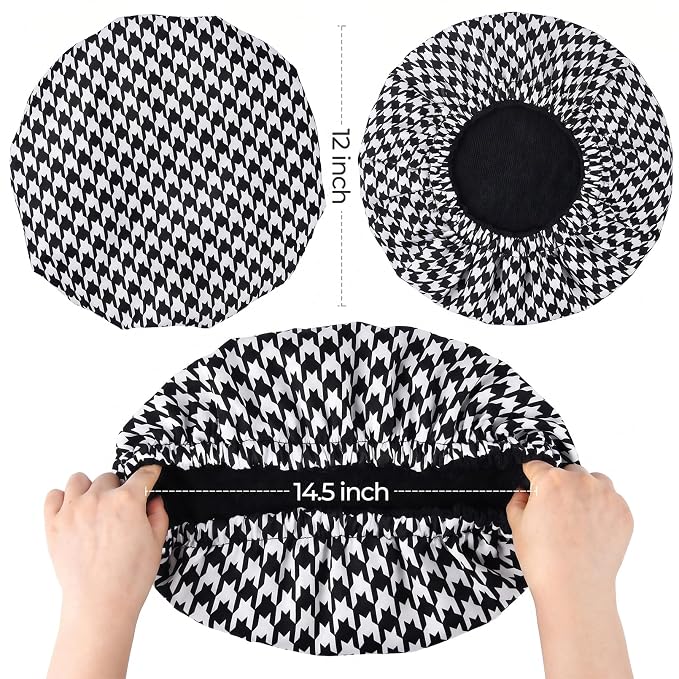 Shower Cap for Women Terry Lined Bath Cap Large Reusable Waterproof Elastic Black Houndstooth Shower Caps for Long Thick Hair Soft Bath Shower Hair Caps