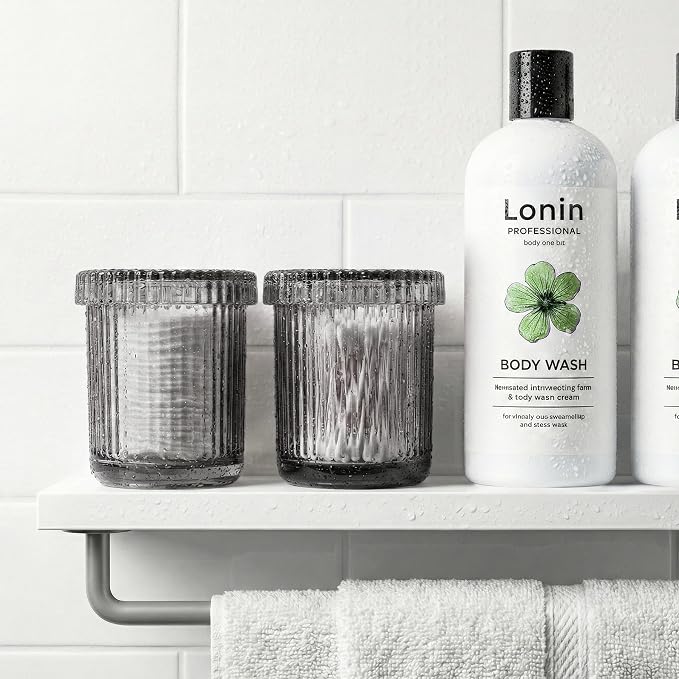 2 Pack Qtip Holder - Apothecary Jars with Lids, Bathroom Organizers and Storage Canister for Cotton Balls,Swabs,Floss Picks,Hair Ties,Clear Glass Vintage Bathroom Decor Jar Set (Gray)
