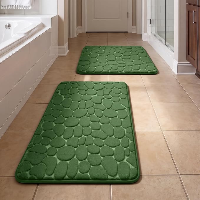 YIHOUSE Bathroom Rugs Mat Set, Memory Foam Bath Mat 2 Piece Green | 17x24&20x32, Non Slip, Water Absorbent, Washable, Bath Mat For Bathroom, Sink and Toilet