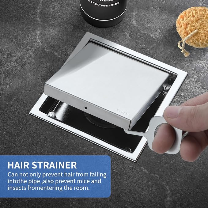 4-Inch Square Shower Drain, Brushed Nickel Floor Drain with Flange, 304 Stainless Steel Bathroom 2-in-1 Tile Drain