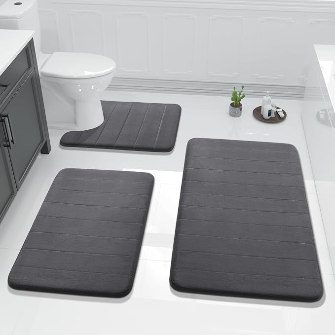 Yimobra 3 Pieces Memory Foam Bath Mat Set with U-Shaped Toilet Rug - Non Slip Super Soft Absorbent Quick Dry Bathroom Rugs for Bathtub, Vanity & Toilet Base, Dark Gray