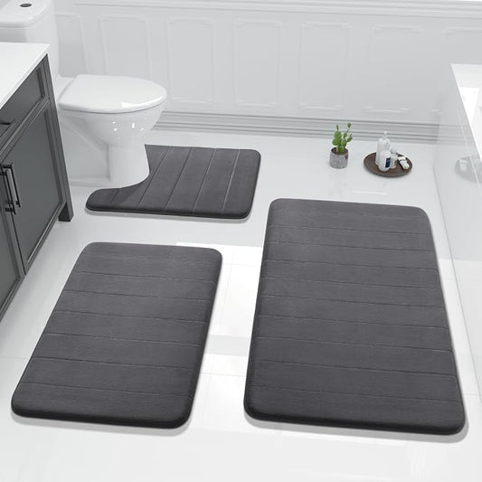 Yimobra 3 Pieces Memory Foam Bath Mat Set with U-Shaped Toilet Rug - Non Slip Super Soft Absorbent Quick Dry Bathroom Rugs for Bathtub, Vanity & Toilet Base, Dark Gray
