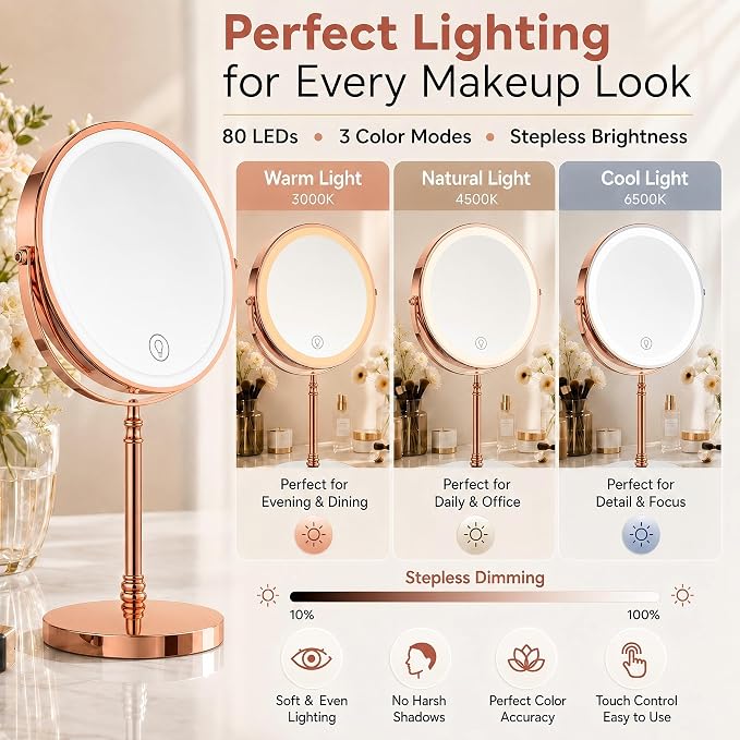 DEIOVWXS Makeup Mirror, Rechargeable Vanity Mirror with 3 Lights, 1X/10X | Adjustable Brightness, 3000mAh, Double-Sided, Gift for Mom, Women, Wife, Girls, Dorm Room Essential