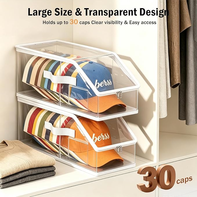 Clear Hat Organizer– Stackable Transparent Hat Display Case with Zipper Closure 2PCS– Space-Saving Protective Unit for Baseball Caps & Accessories White Trim