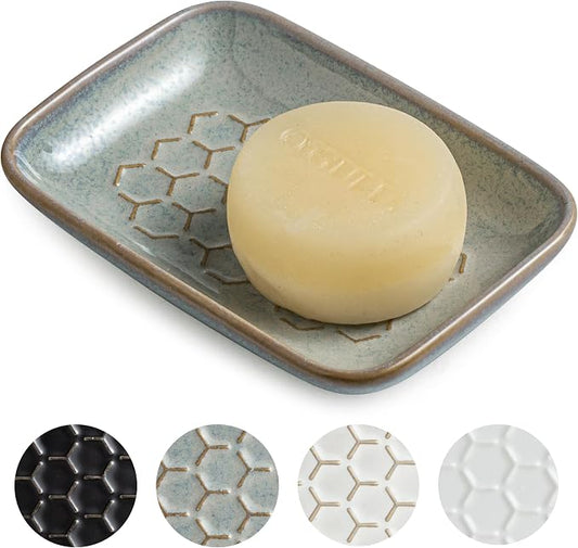 Gomakren Soap Dish for Shower, Ceramic Bar Soap Holder with Honeycomb Design, Father's Day Soap Saver Tray for Bathroom Kitchen Sink, Sponge & Organizer Tray, Upscale Look, 5.5 Inch, Gray