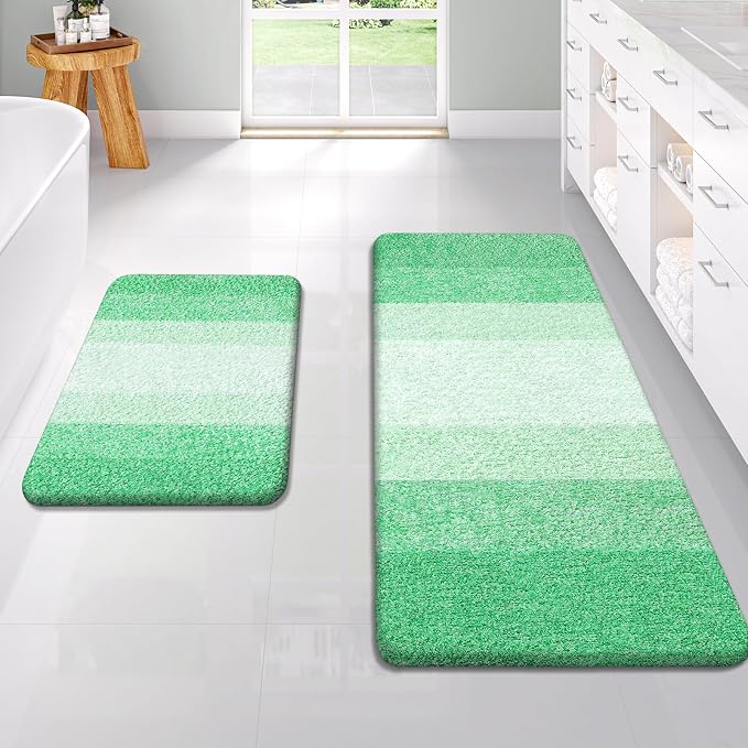 OLANLY Micorfiber Bathroom Rug Set 2 Piece, 47"x20"+24"x16" | Green, Soft Absorbent Bath Rug Set, Non-Slip, Machine Wash Dry, Plush Shaggy Bath Mats for Bathroom
