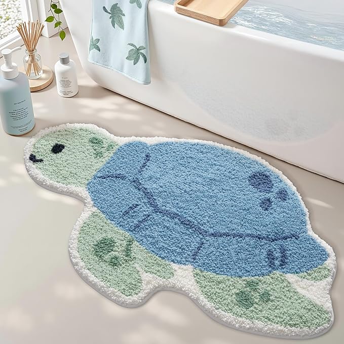 LUMI Cute Animal Bathroom Rugs, Plush Absorbent Bath Mats for Bathroom, Non-Slip Backing Washable Bath Mat, Ideal for Shower Sink Bathtub Room Decor, 24"x40", Blue Sea Turtle