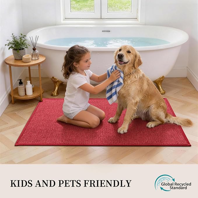 YIHOUSE Red Bathroom Rugs Sets 5 Piece, Quick Dry Thin Bath Mat with Toilet Rug - Non Slip Absorbent Machine Washable - Bath Runner Rugs for Bathtub Sink Home Decor