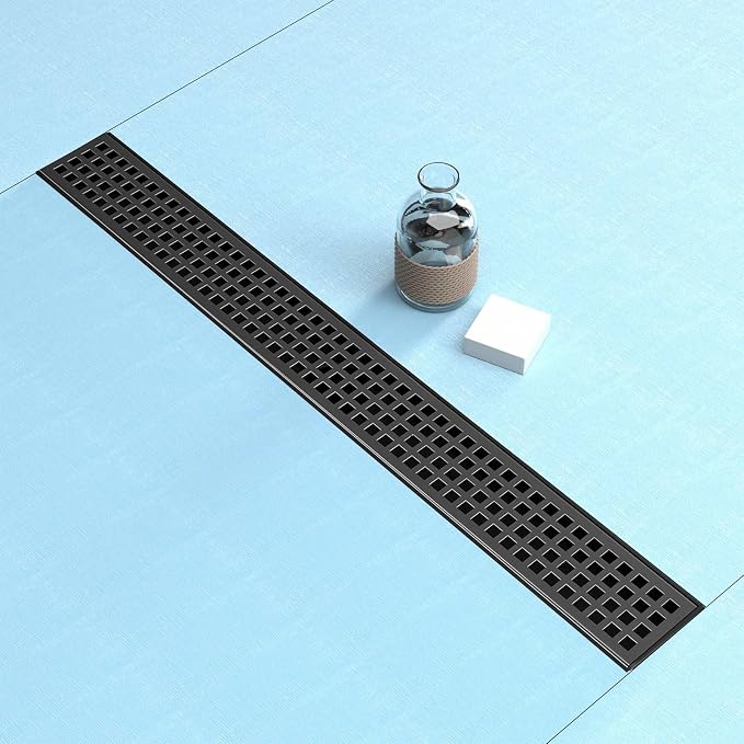 24 Inch Black Linear Shower Drain, Rectangular Shower Floor Drains with Square Hole Cover, 304 Stainless Steel Linear Drain with Leveling Feet, Hair Strainer (Matte Black)