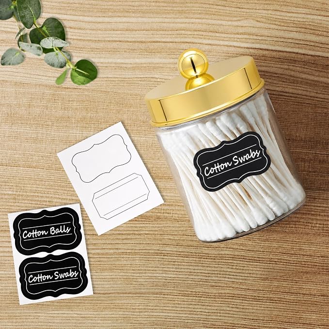 Amolliar Acrylic Apothecary Jar Bathroom Qtip Holder Gold 6 Pack | for Bathroom Storage Vanity , Countertop, Farmhouse Style, Holds Cotton Swabs, Dental Floss, Makeup Sponges,Gold Decor