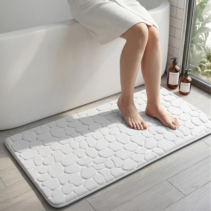 YIHOUSE Memory Foam Runner Rug, Cobblestone Bathroom Runner Rugs Super Water Absorbent Bath Mats for Bathroom Machine Washable Bath Rugs for Hallway Bedroom Laundry Room(24 x 47,White)