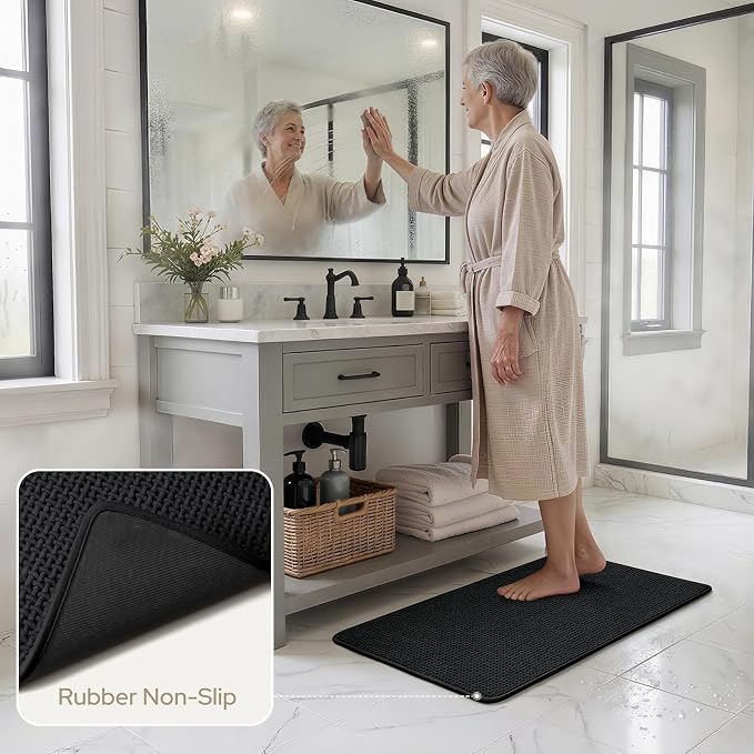 HOMEIDEAS Bathroom Rugs Set 2 Piece Thin Non Slip, Black 17"x24"+20"x32" | Quick Dry Absorbence Bath Mats, Soft Chenille, Low Profile Fits Under Doors, Ideal for Bathtub, Shower, Elderly and Pets