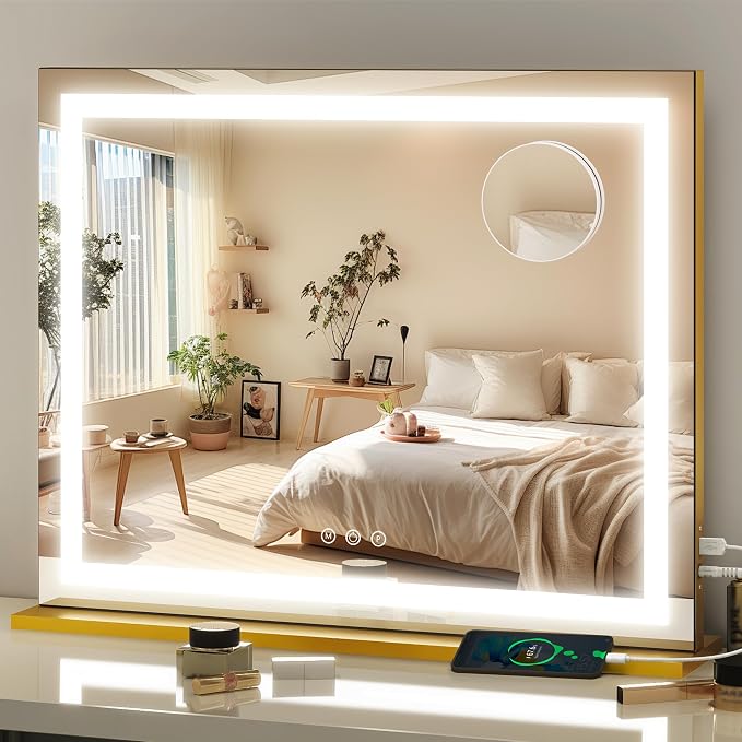 FENNIO 23" x 18" Vanity Mirror with Lights，LED Makeup Mirror，Hollywood Mirror with 3 Color Modes & Adjustable Brightness，Vanity Mirror Square Gold