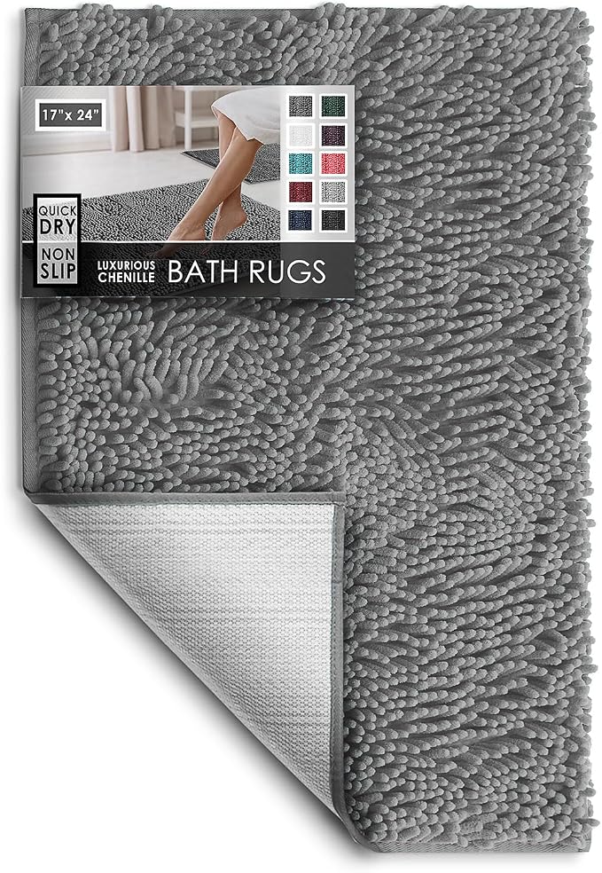 Hearth & Harbor Bathroom Rugs, Chenille Bath Mat - Machine Washable Bath Mats for Bathroom Non-Slip Backing Rubber, Quick Dry Bathroom Mat, 17 x 24 - Frost Grey