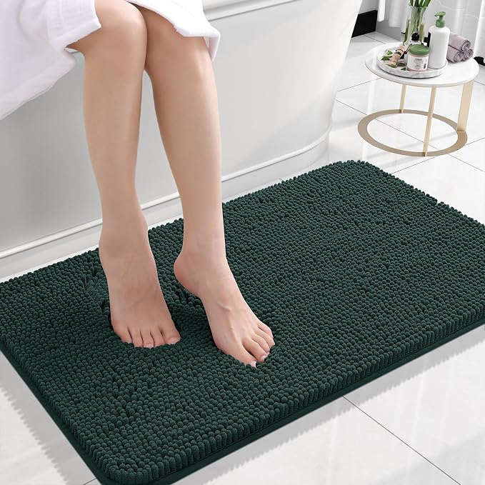 OLANLY Small Bathroom Rugs 24x16, Extra Soft Absorbent Chenille Bath Rugs | Blackish Green, Quick-Drying Rubber Backing, Washable Bath Mat for Bathroom Floor, Tub and Shower, Home Decor Accessories
