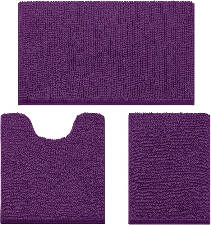 HOMEIDEAS Purple Chenille Bathroom Rugs Set of 3, Non Slip Bath Mat | Super Absorbent, Soft Microfiber, Machine Washable, Stain Resistant, for Bathroom Decor