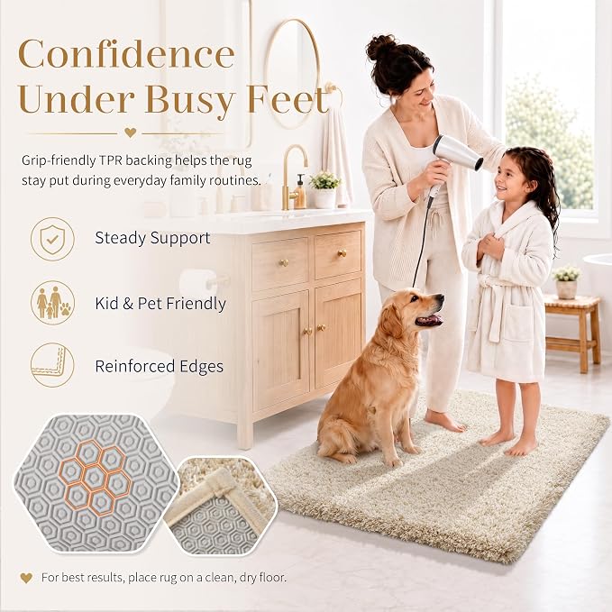 Yimobra Bath Rugs for Bathroom 32X20, Ultra Soft and Water Absorbent Bath Mats, Non Slip Plush Shower Mat Outside, Microfiber Mats for Bathroom Floor/Tub, Machine Washable, Light Beige and White
