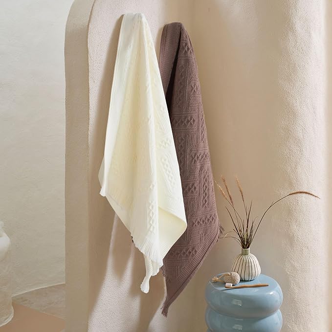 Luxury Decorative Hand Towels Bathroom: Boho Home Deco (Cream, 14"x30") | 2 Packs 14X30 100% Cotton Turkish Absorbent Soft Face Towel Set for Kitchen Hotel Spa Farmhouse Guest Tea Gift
