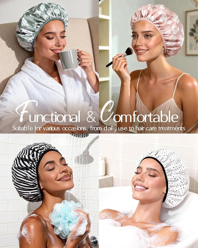 Yanibest Frizz Free Satin Lined Shower Cap with Soft Elastic Band | Frizz Free & Large Durable Bath Cap with Soft Elastic Band, Luxury Hair Protection Caps, Nylon Shower Hair Cap