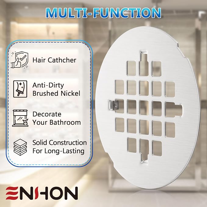 Enhon 2 Pack 4-1/4 Snap in Shower Drain Cover, Round Strainer Drain Grid, Bathroom Shower Grate Cap Replacement for Hair Catcher(Brushed Nickel,Stainless Steel)