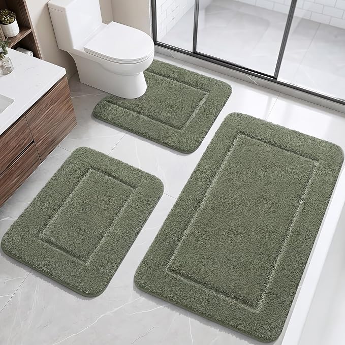 LOCHAS Bathroom Rug Set 3 Piece, Bath Rugs Sets Non Slip, Sage Green | Washable Absorbent Microfiber Bath Mat Set, Soft Cozy Bathroom Mat for Shower Sink Toilet