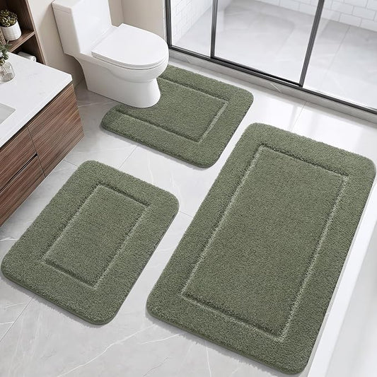 LOCHAS Bathroom Rug Set 3 Piece, Bath Rugs Sets Non Slip, Sage Green | Washable Absorbent Microfiber Bath Mat Set, Soft Cozy Bathroom Mat for Shower Sink Toilet