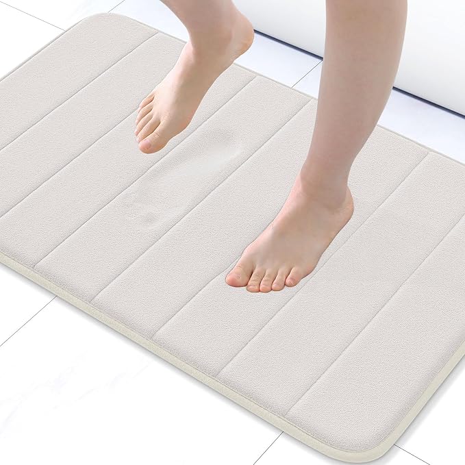 Buganda Memory Foam Bath Mat 24 x 16, Ultra Soft Absorbent Bathroom Rugs | Cream, Machine Washable Quick Dry Bath Mats for Bathroom Floor, Shower and Tub, Home Decor Accessories