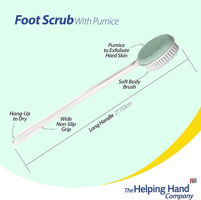 Helping Hand Company Long Handled Foot Scrub Brush with Pumice Stone. Bath and Shower Scrubber. Hard Skin Scrubber and Exfoliating Foot Stone. 21" / 53cm Bendable Long Handled Sponge for Disabled