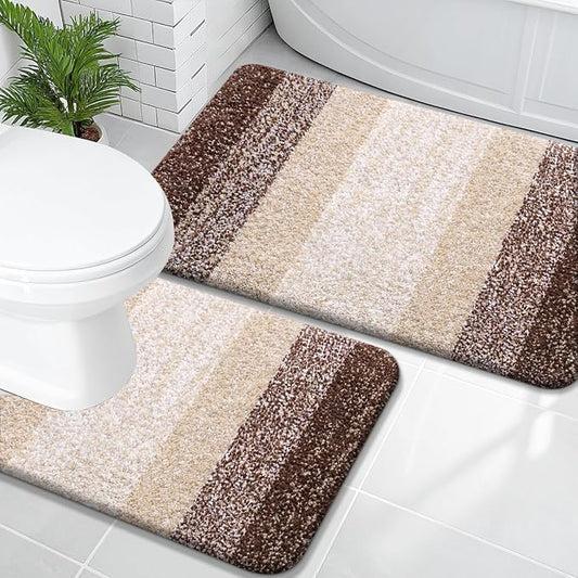 OLANLY Micorfiber Bathroom Rug Set 2 Piece, 36"x24"+U-Shaped 24"x20" | Brown, Soft Absorbent Bath Mats and Contour Toilet Rug, Non-Slip, Machine Wash Dry, Plush Shaggy Bath Mats for Bathroom